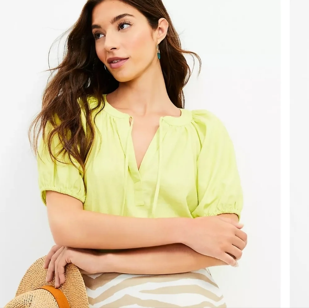 Loft Chartreuse Linen Blend Tie Neck Puff Short Sleeves Peasant Top Blouse‎ M